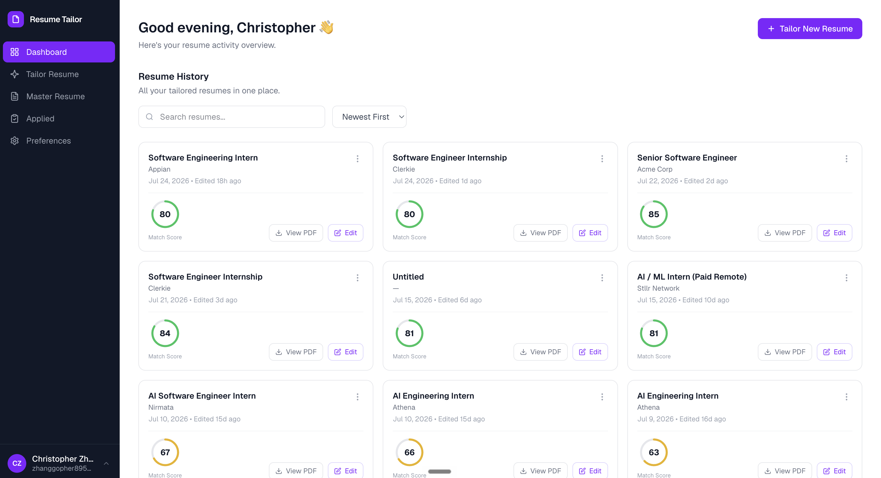 AI Job Hunting Agent resume history dashboard